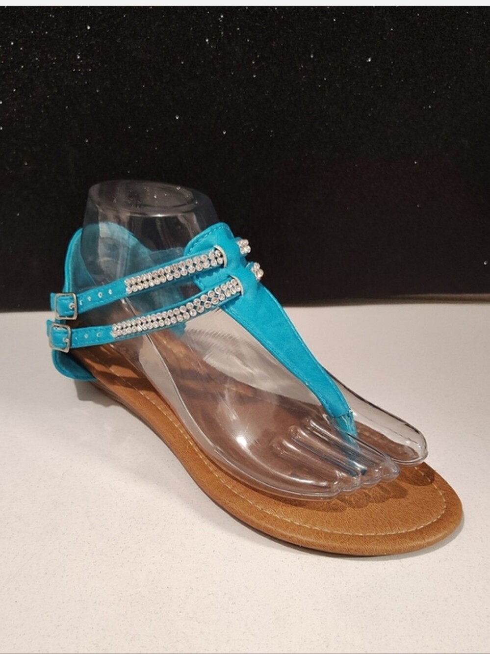 Sunville Turquoise T-Strap Jeweled Sandals - Size 8